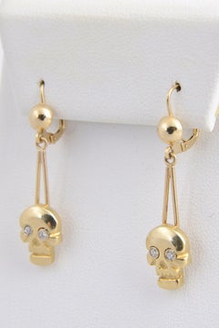 Skull Diamond and Gold Dangle Earrings