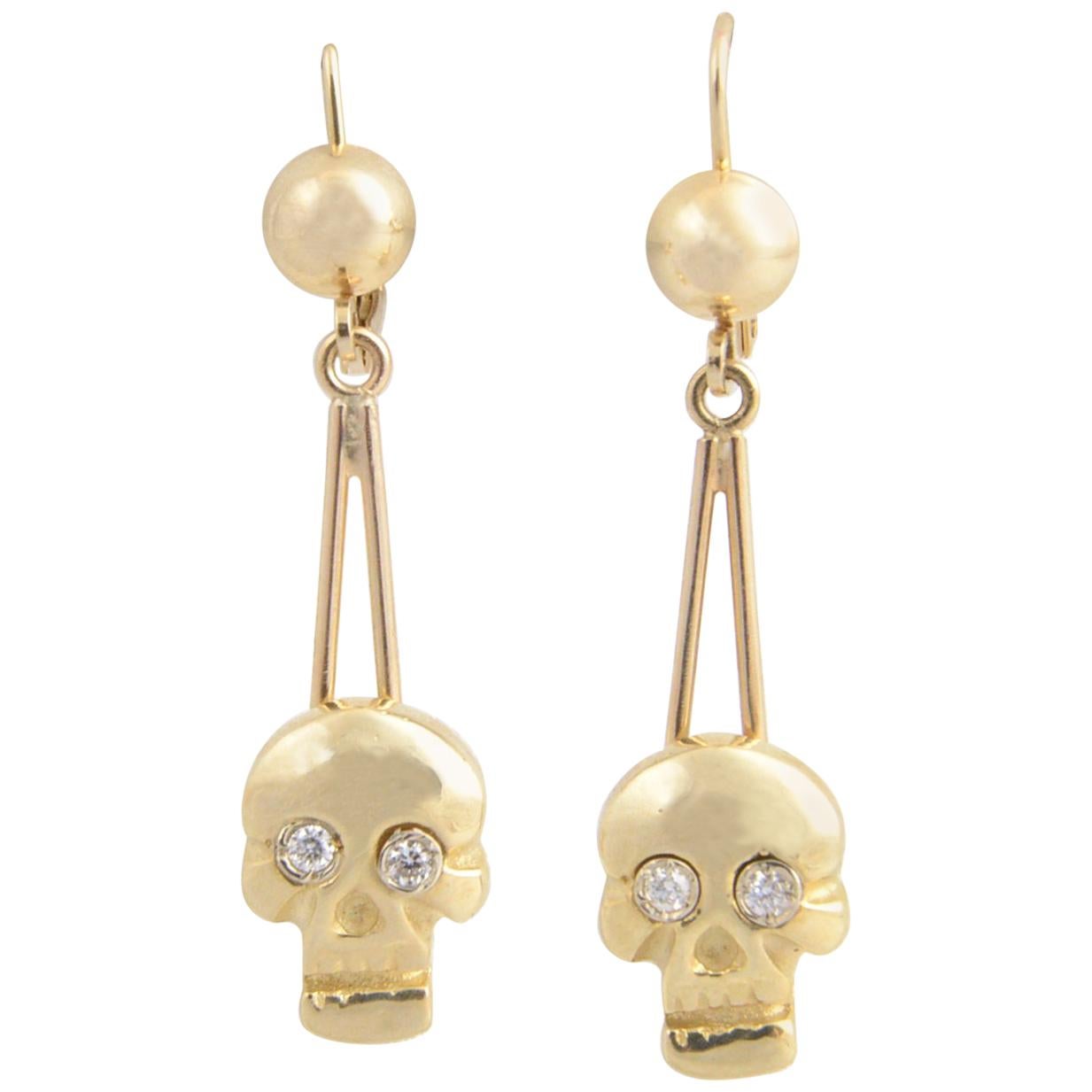 Skull Diamond and Gold Dangle Earrings