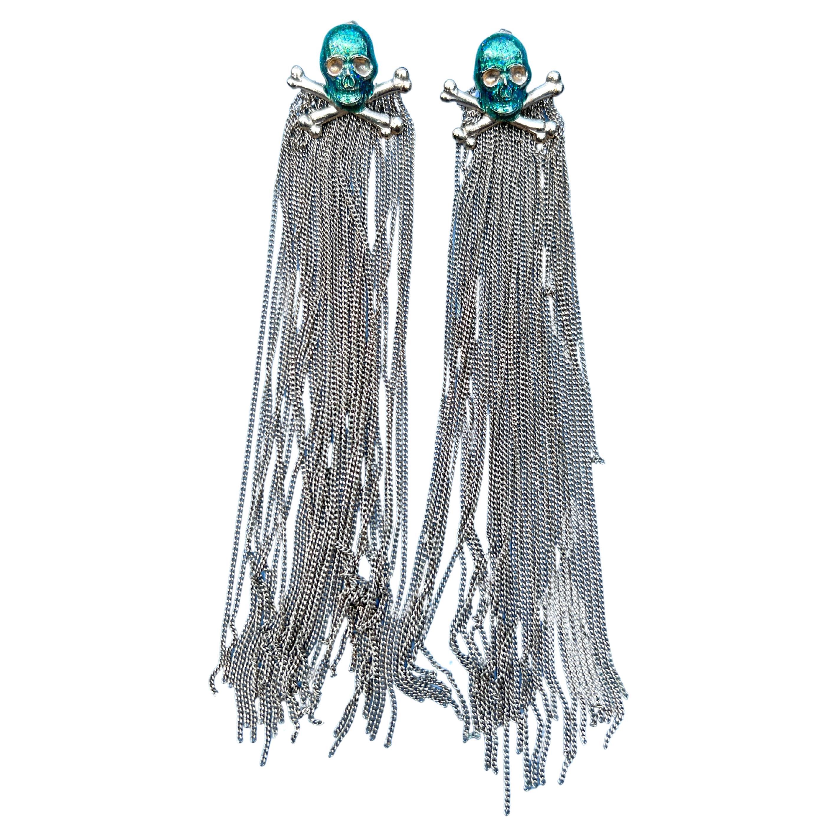 Skull Earrings Green Enamel Multi Chain Dangle