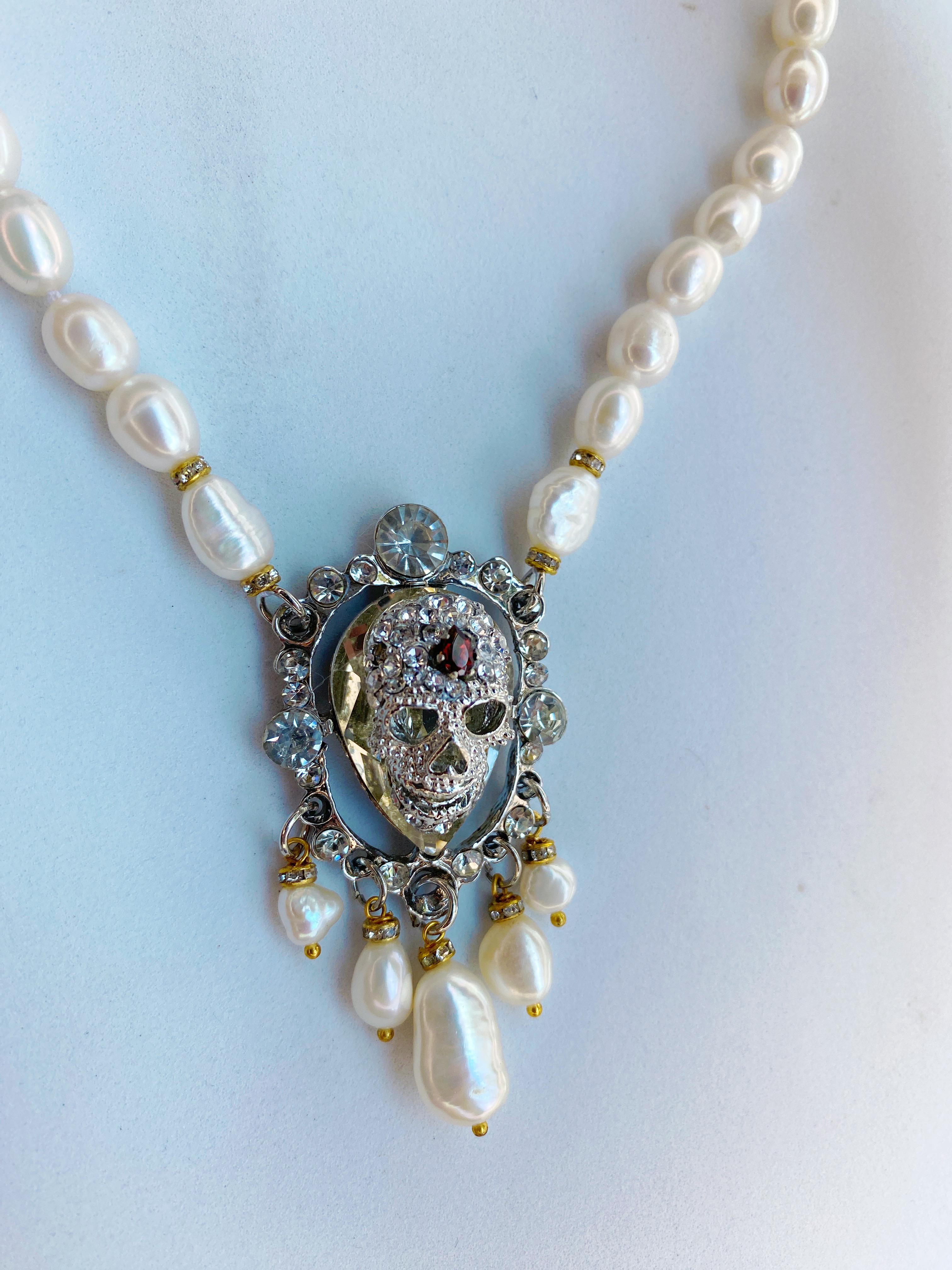 Artist Skull, Garnet, freshwater pearl and crystal necklace by Sebastian Jaramillo For Sale