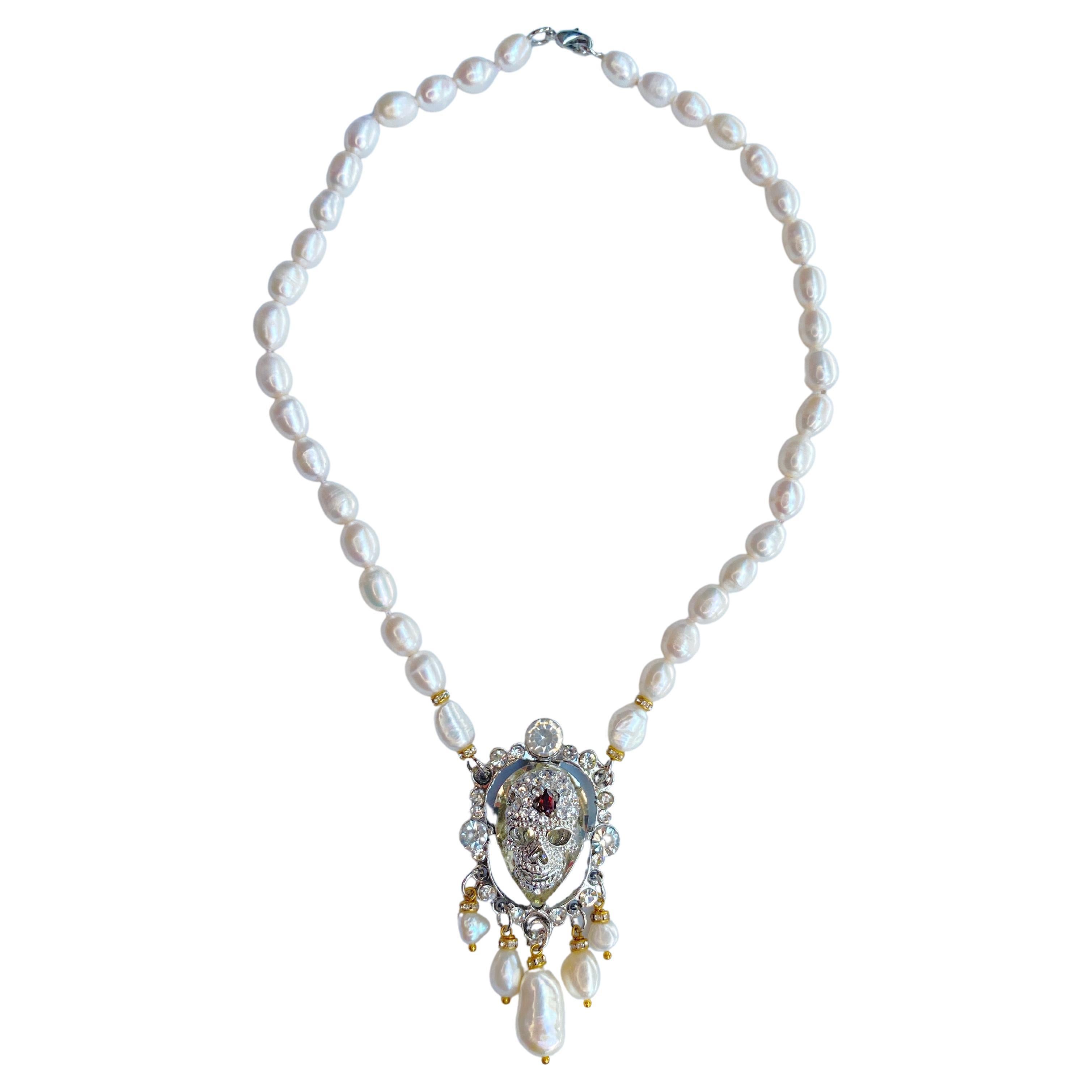 Skull, Garnet, freshwater pearl and crystal necklace by Sebastian Jaramillo For Sale
