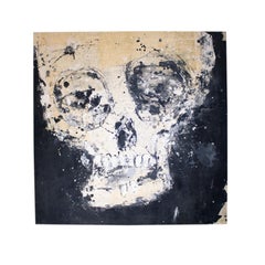 Modern Black Skull: Acrylic and Paper on Canvas, 21st Century Spain