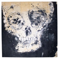 Modern Black Skull: Acrylic and Paper on Canvas, 21st Century Spain