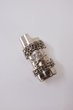 Skull Lighter Case Holder Palladium Light Blue Enamel