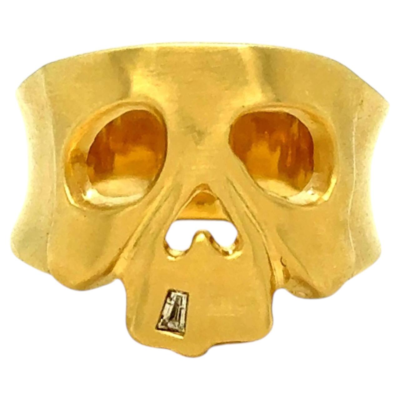 Skull Motif Wide Band Ring with Diamond in 14K Yellow Gold.