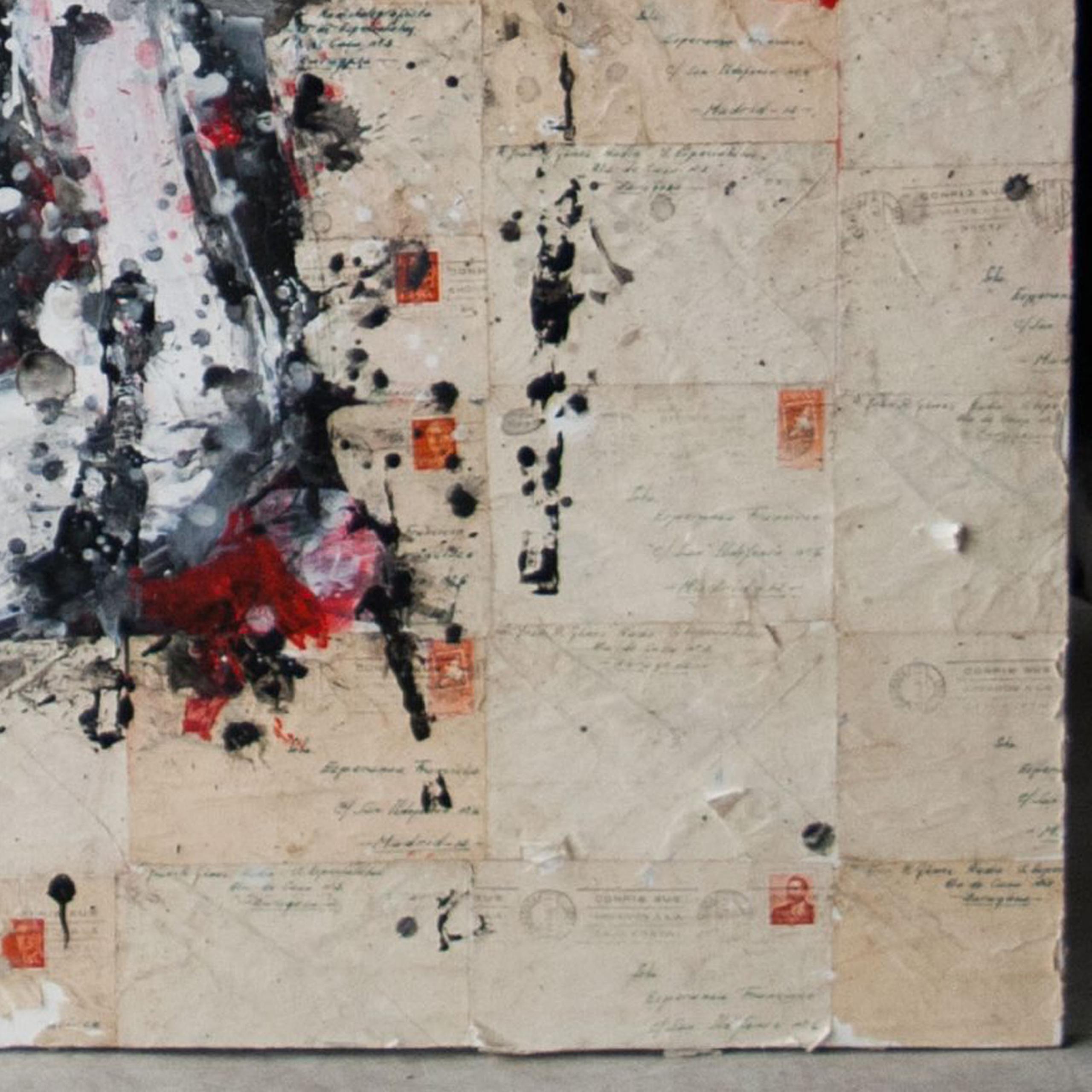 Acrylique Crâne sur lettres d'amour par Aaron Bueso Peinture contemporaine Guerre civile Éphémères en vente