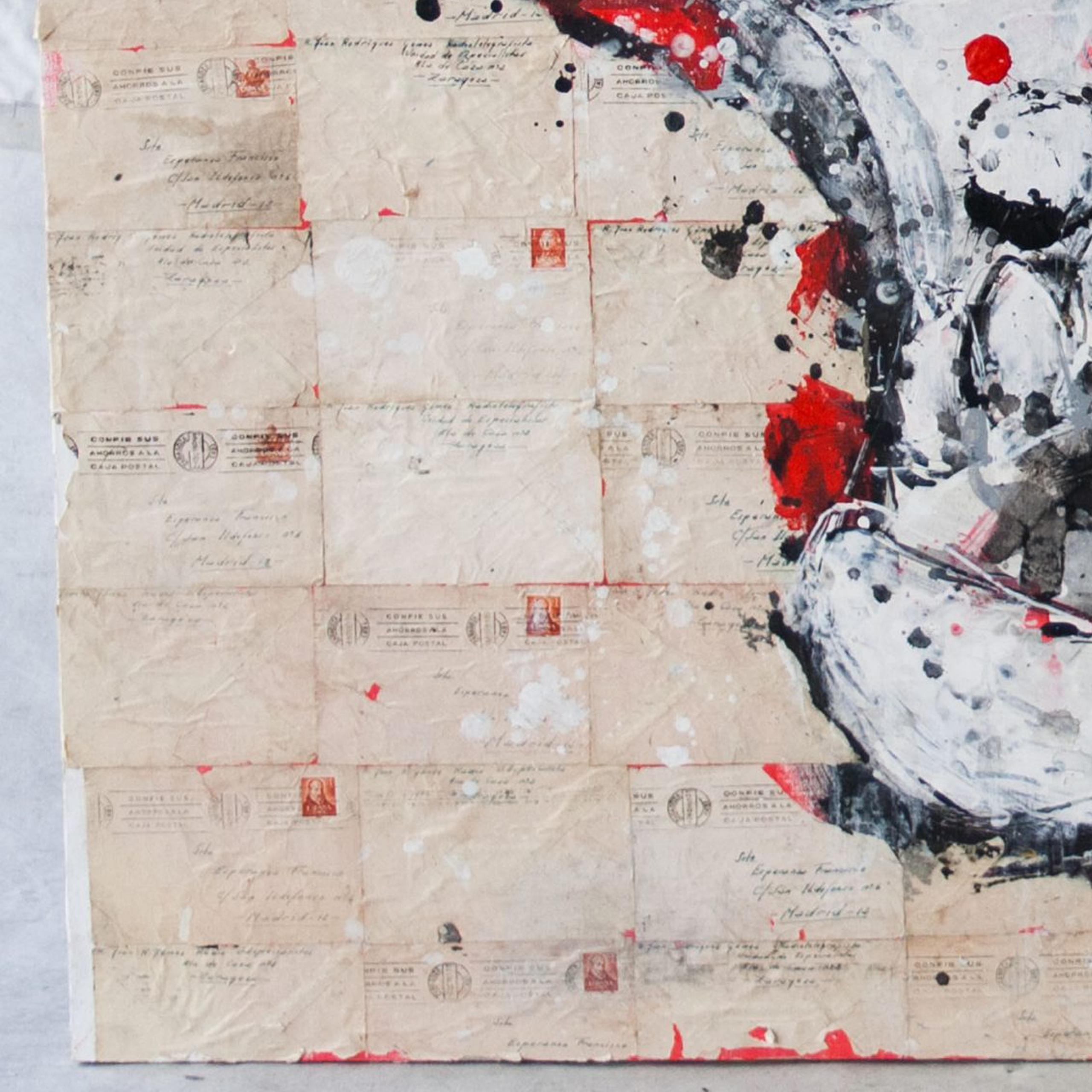 Crâne sur lettres d'amour par Aaron Bueso Peinture contemporaine Guerre civile Éphémères en vente 1
