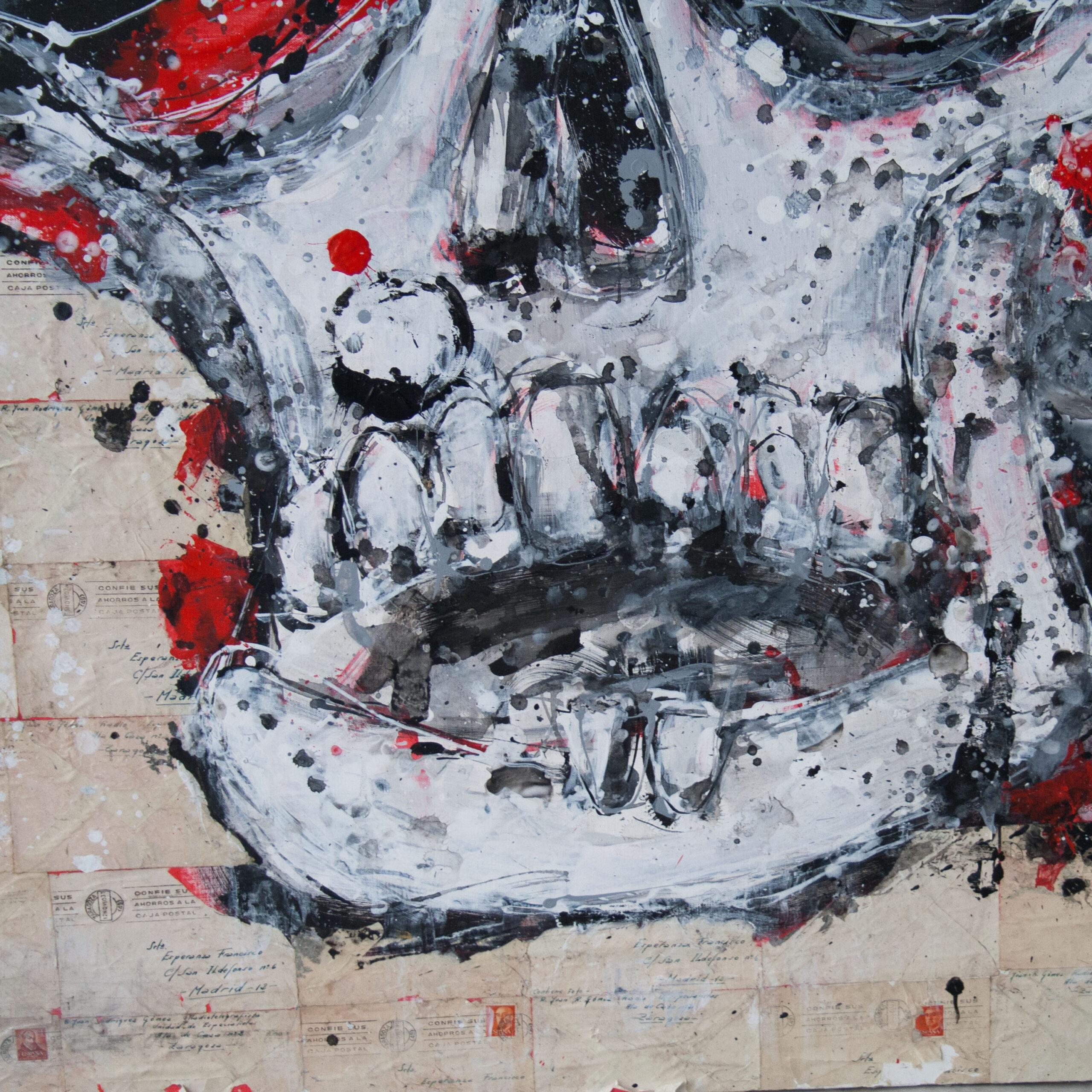 Moderne Crâne sur lettres d'amour par Aaron Bueso Peinture contemporaine Guerre civile Éphémères en vente