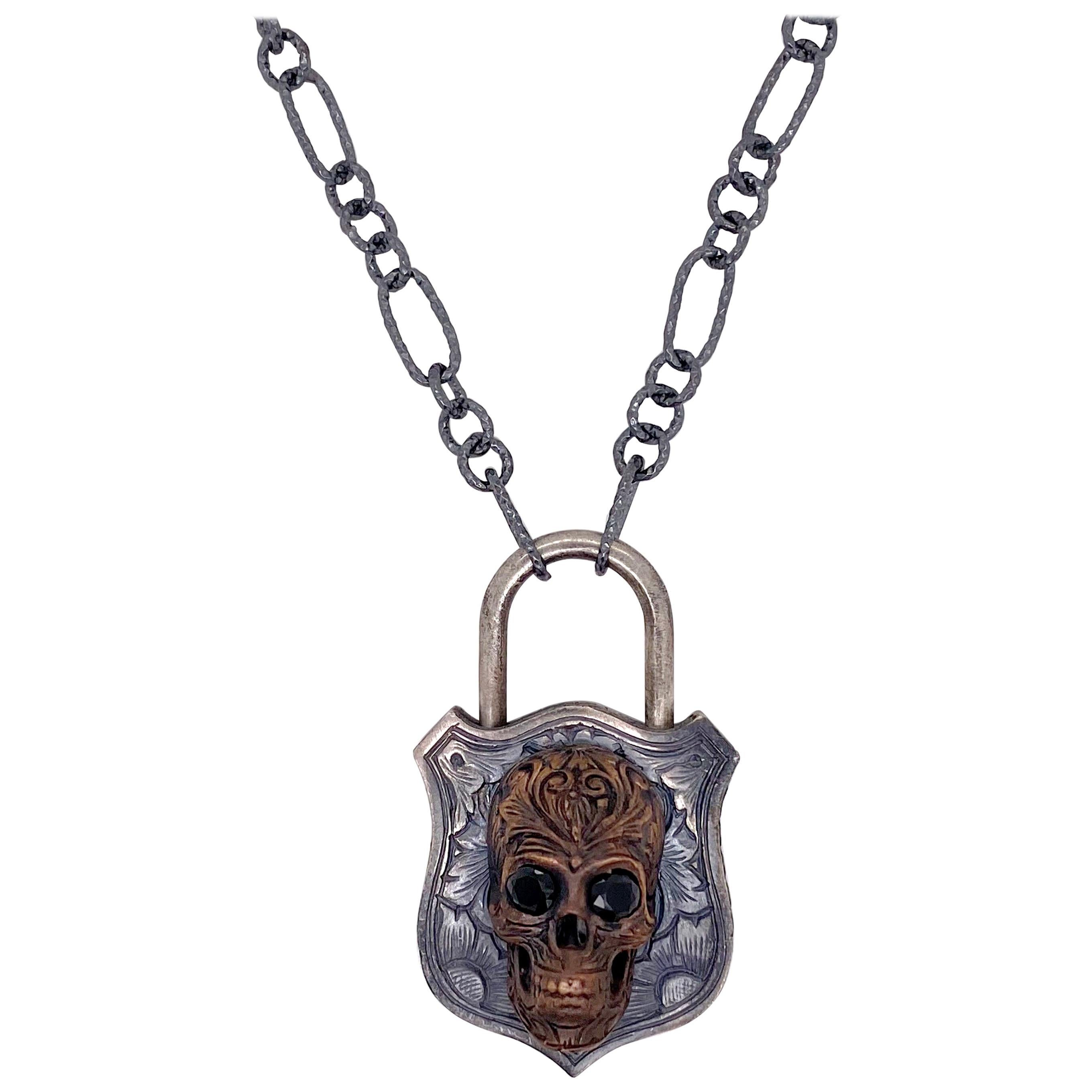 Skull Padlock Necklace with Black Onyx, Mixed Metal, and Handmade Neck Chain