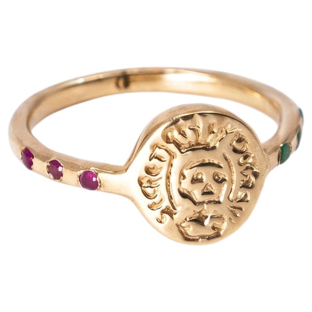 Anello con stemma, teschio, sigillo, smeraldo, rubino, stile Memento Mori, J Dauphin