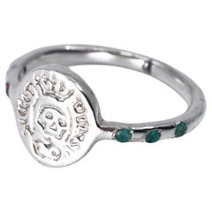 Skull Signet Ring Emerald Ruby Silver Crest Memento Mori