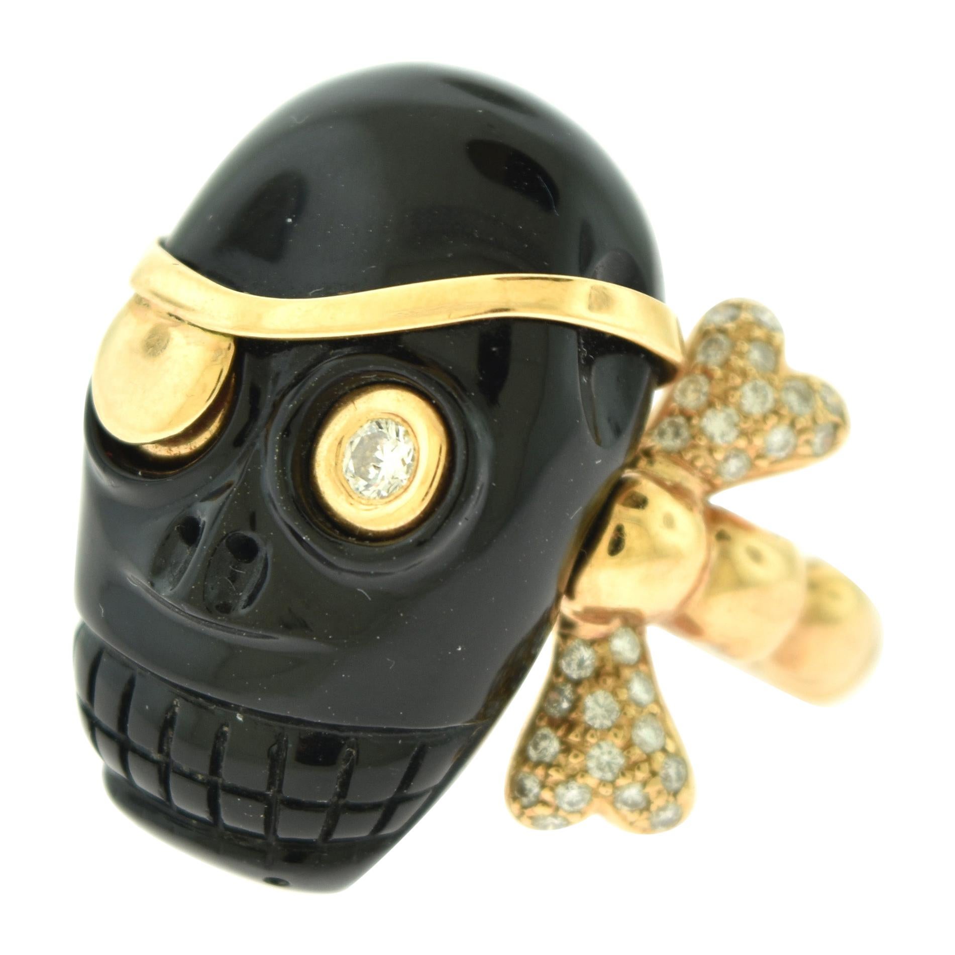 Skull Skeleton Round Brilliant Diamond and Onyx Cocktail Ring For Sale