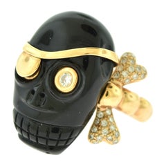 Anello da cocktail Skull Skeleton con diamante tondo brillante e onice