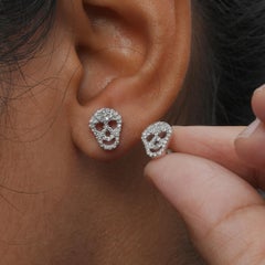 Skull Studs Solid 14k White Gold Genuine H/Si White Diamond Earring Jewelry