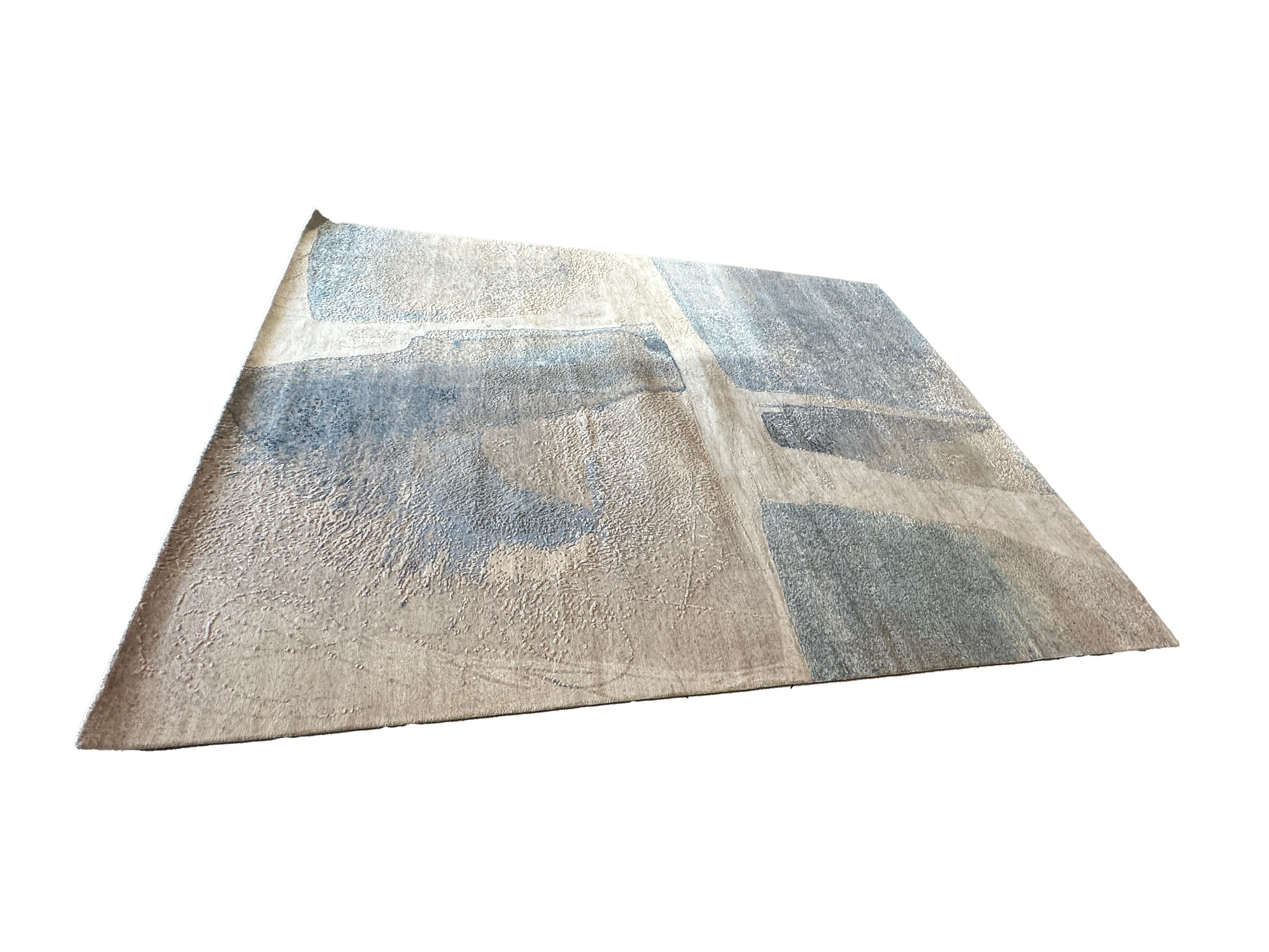 Hand-Knotted 8x10 Sky Blue and Cream Modern Silk and Wool Rug For Sale
