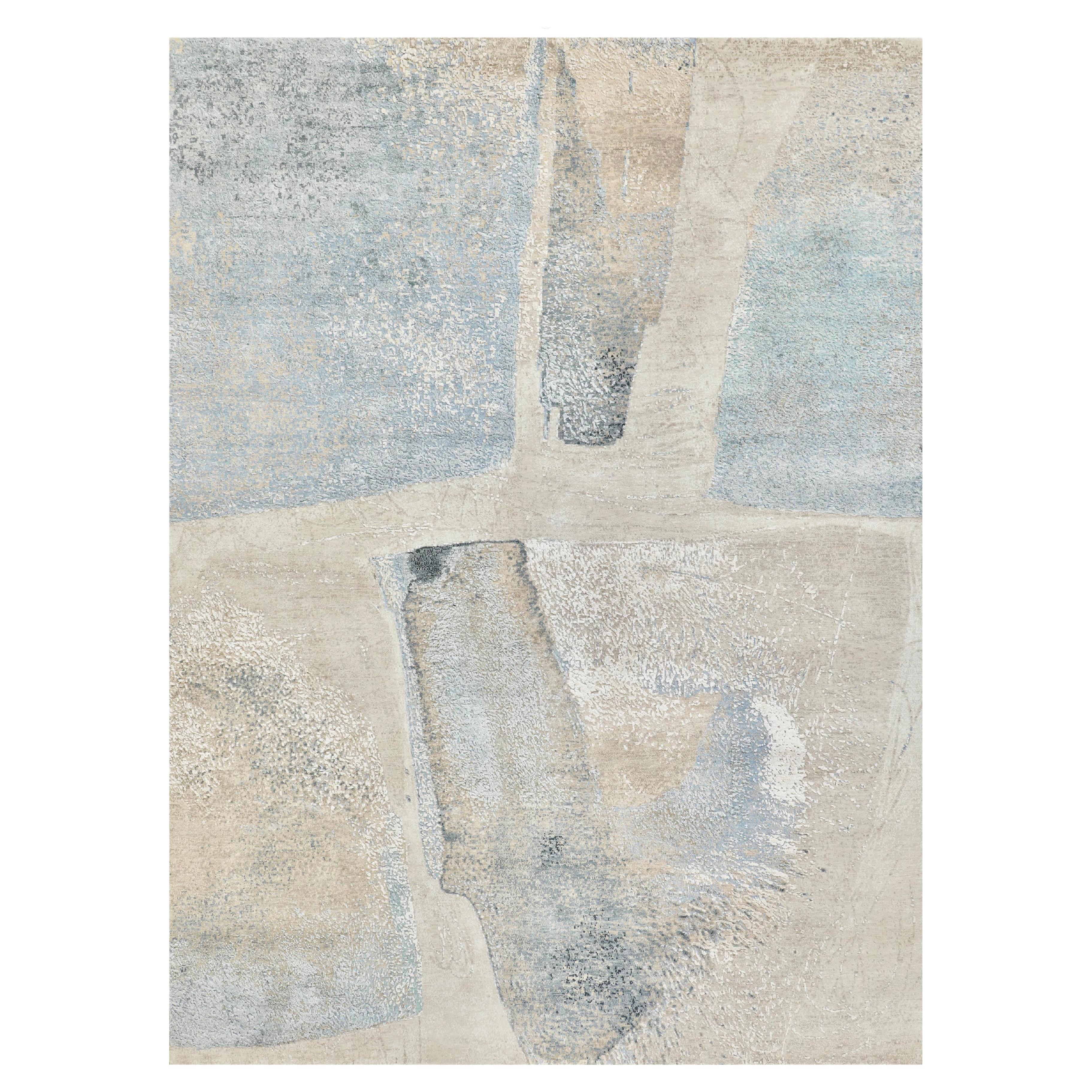 8x10 Sky Blue and Cream Modern Silk and Wool Rug For Sale
