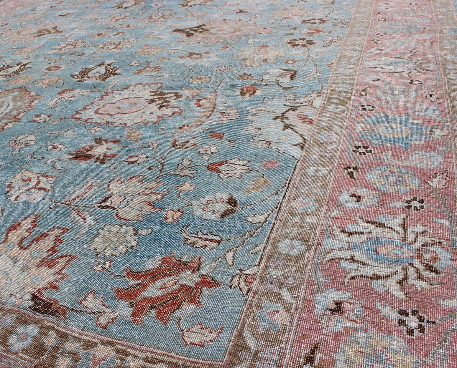 Sky Blue and Light Pink Antique Persian Tabriz Rug with Taupe Floral Motifs For Sale 1