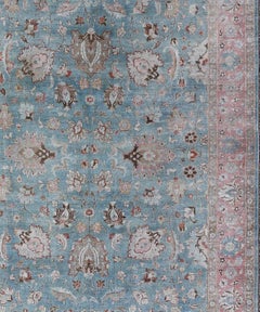 Sky Blue and Light Pink Antique Persian Tabriz Rug with Taupe Floral Motifs