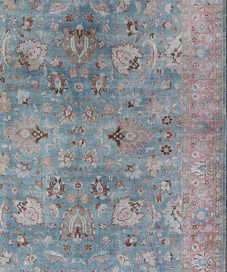 Sky Blue and Light Pink Antique Persian Tabriz Rug with Taupe Floral