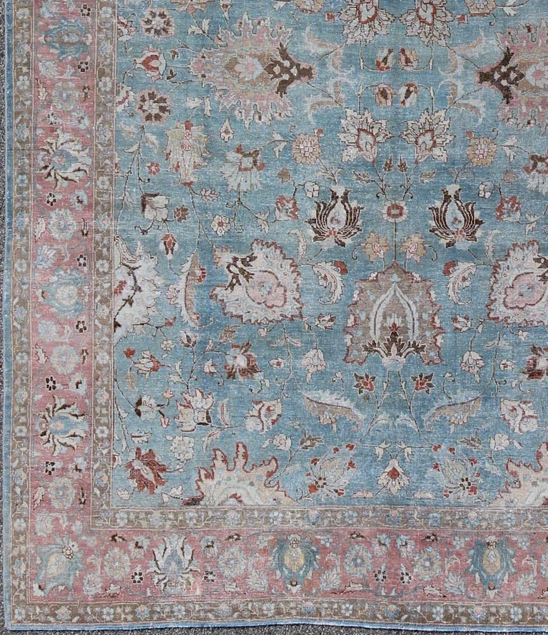 Sky Blue and Light Pink Antique Persian Tabriz Rug with Taupe Floral