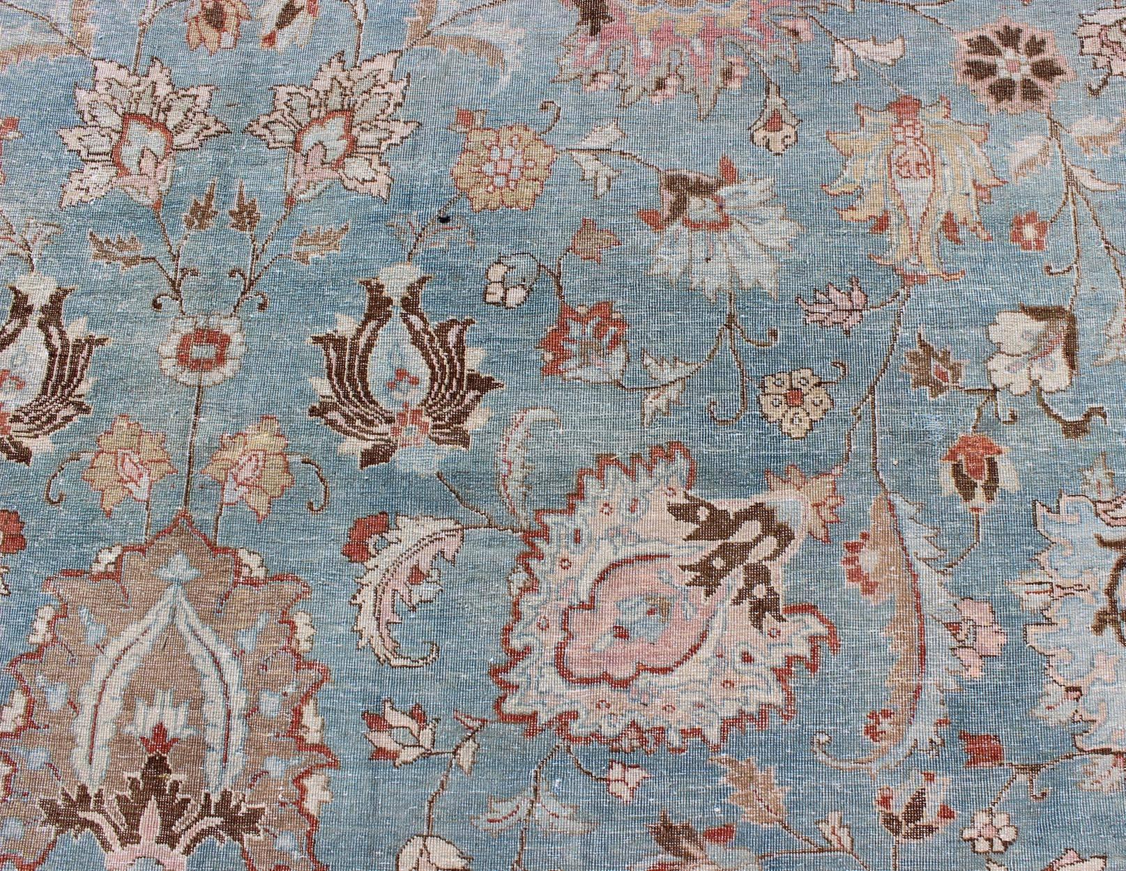 Hand-Knotted Sky Blue and Light Pink Antique Persian Tabriz Rug with Taupe Floral Motifs For Sale