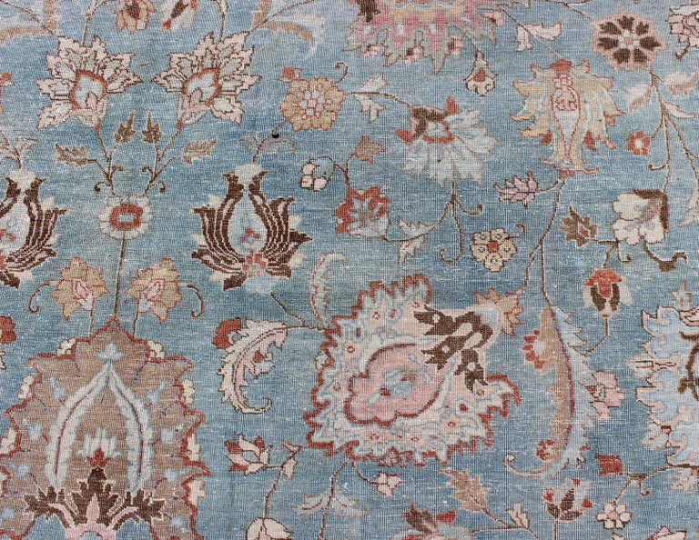 Sky Blue and Light Pink Antique Persian Tabriz Rug with Taupe Floral