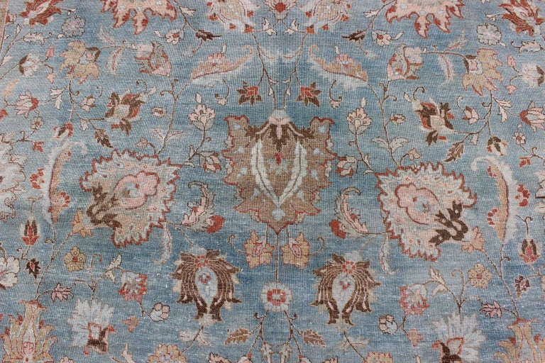 Sky Blue and Light Pink Antique Persian Tabriz Rug with Taupe Floral