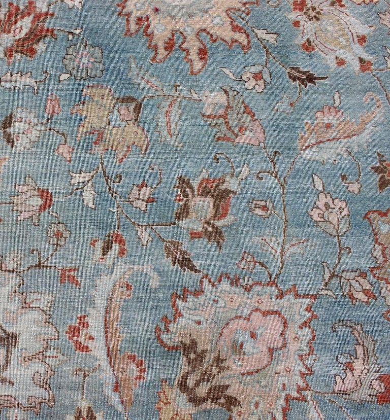 Sky Blue and Light Pink Antique Persian Tabriz Rug with Taupe Floral