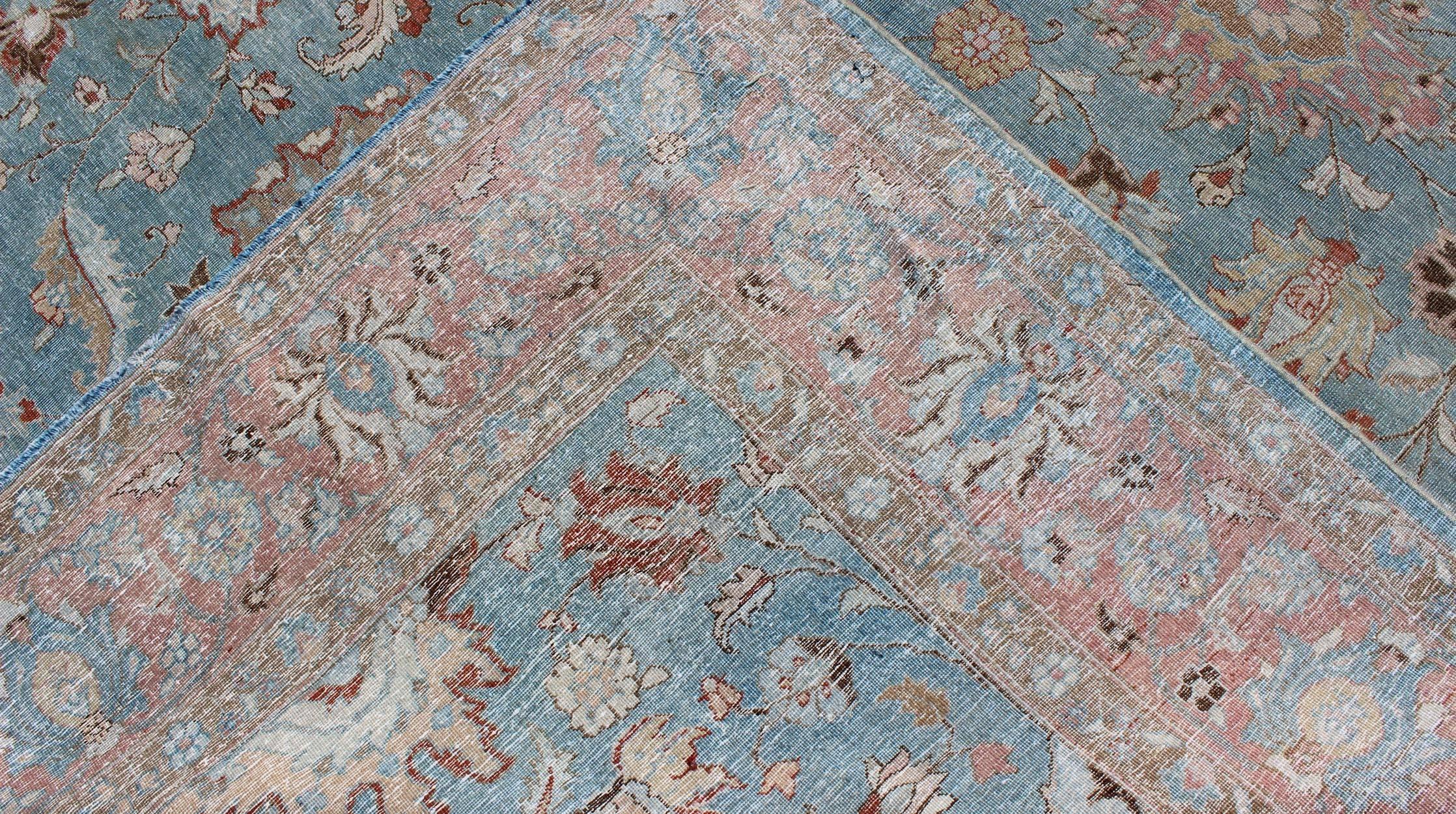 Wool Sky Blue and Light Pink Antique Persian Tabriz Rug with Taupe Floral Motifs For Sale