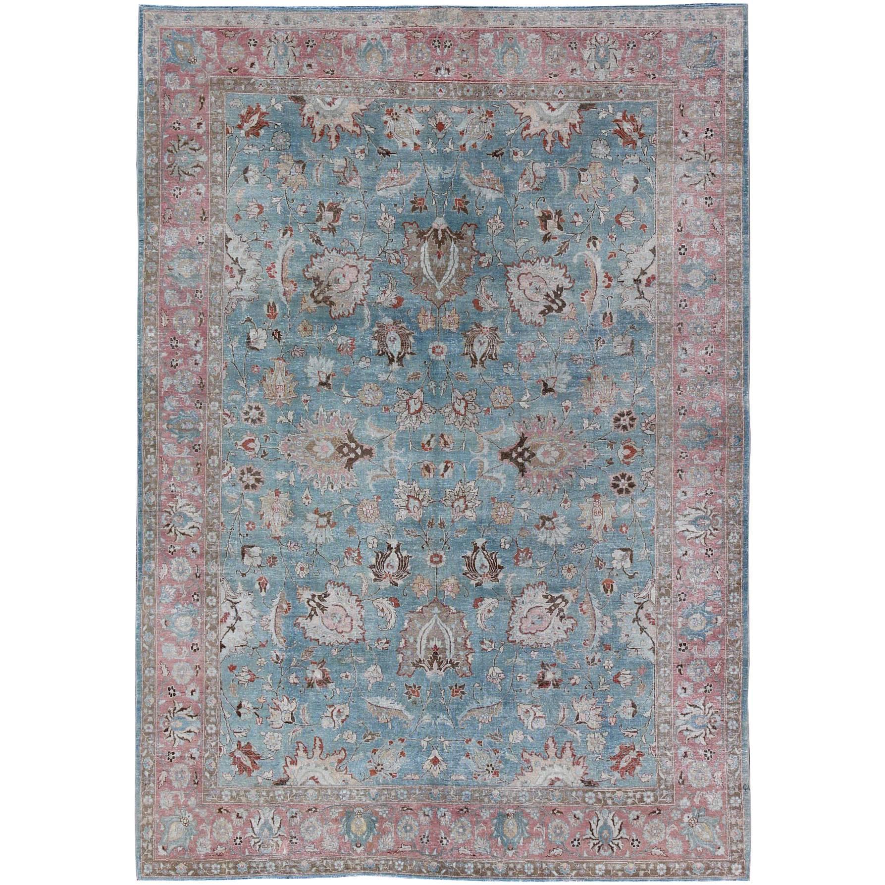 Sky Blue and Light Pink Antique Persian Tabriz Rug with Taupe Floral Motifs For Sale