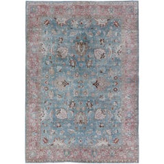 Tappeto Tabriz persiano antico blu cielo e rosa chiaro con motivi floreali color taupe