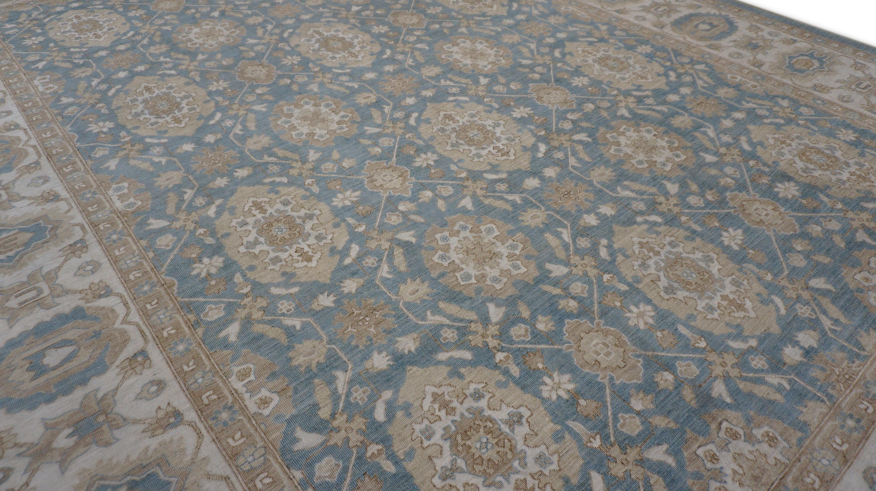 Néoclassique Bleu ciel et sable Ziegler Mahal Tapis de laine noué à la main - 9'1