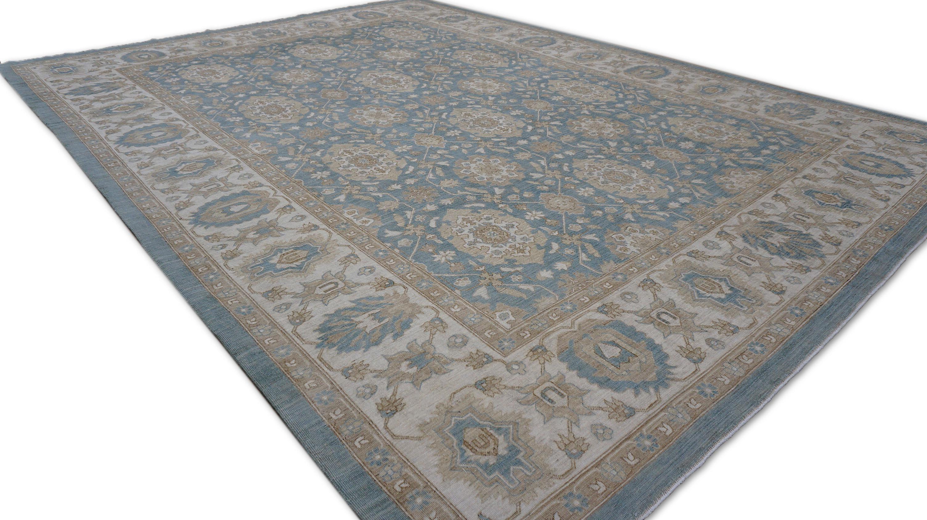 Pakistanais Bleu ciel et sable Ziegler Mahal Tapis de laine noué à la main - 9'1