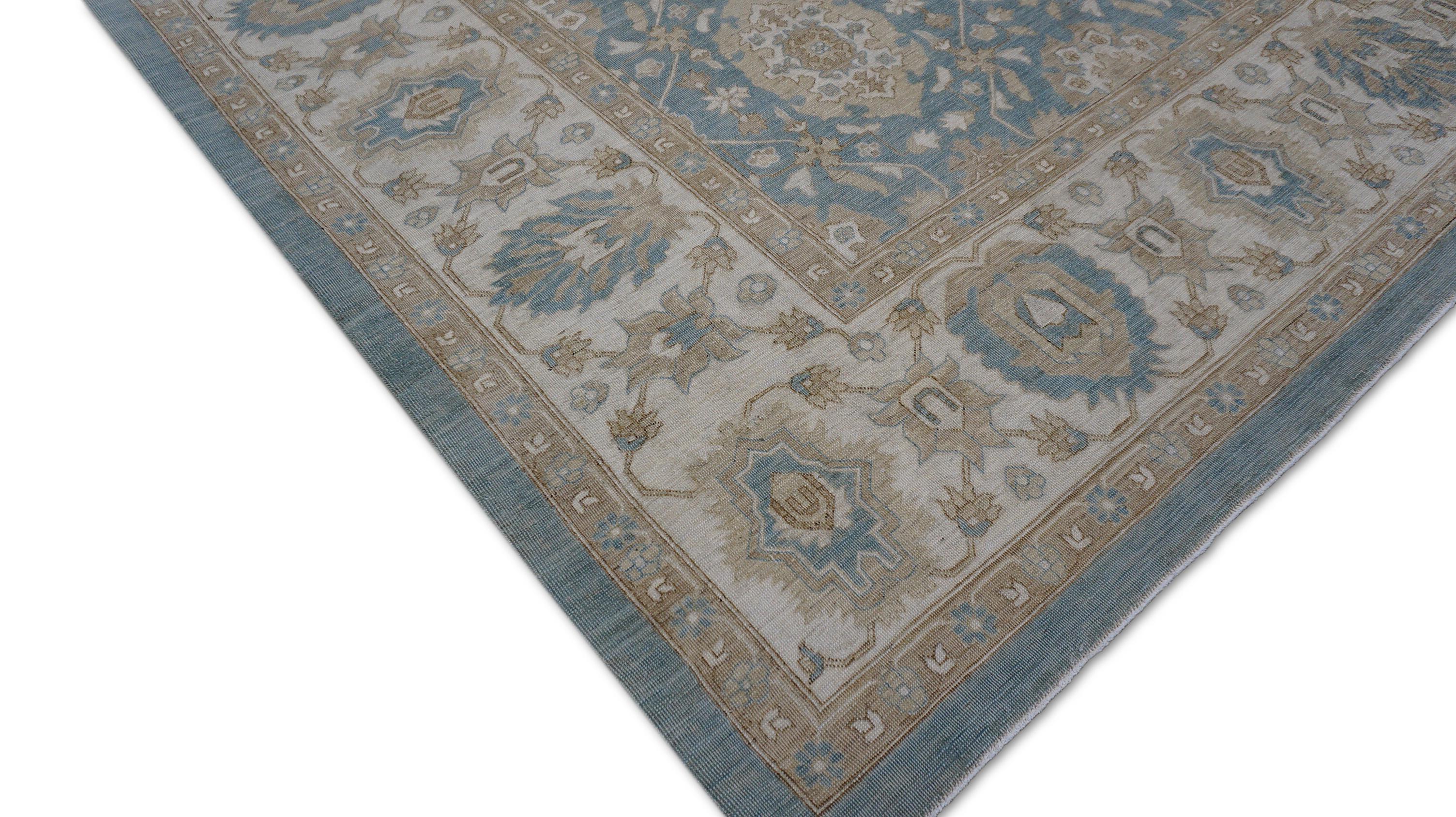 Noué à la main Bleu ciel et sable Ziegler Mahal Tapis de laine noué à la main - 9'1