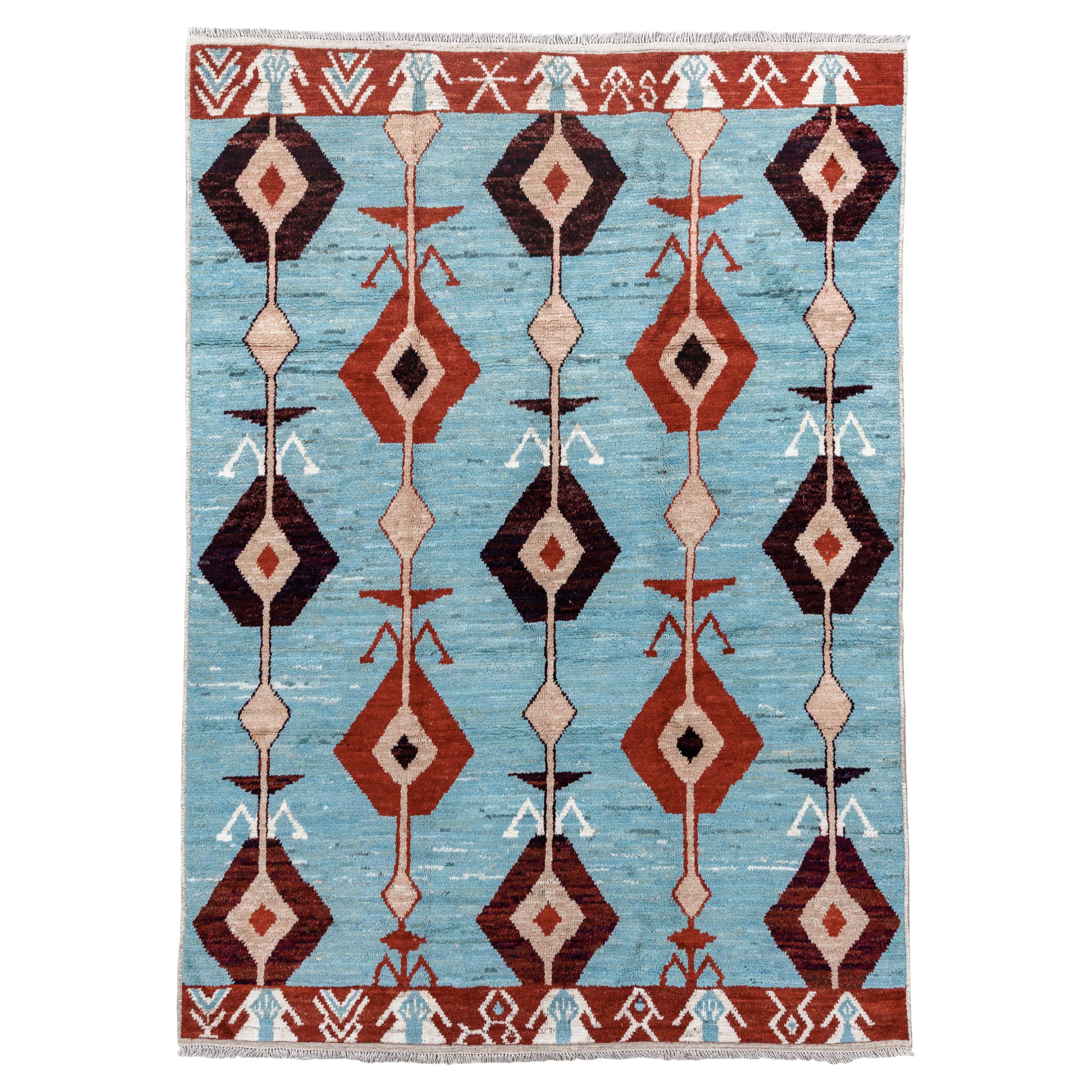 Sky Blue and Terracotta Moroccan Diamond Rug For Sale