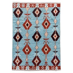 Sky Blue and Terracotta Moroccan Diamond Rug