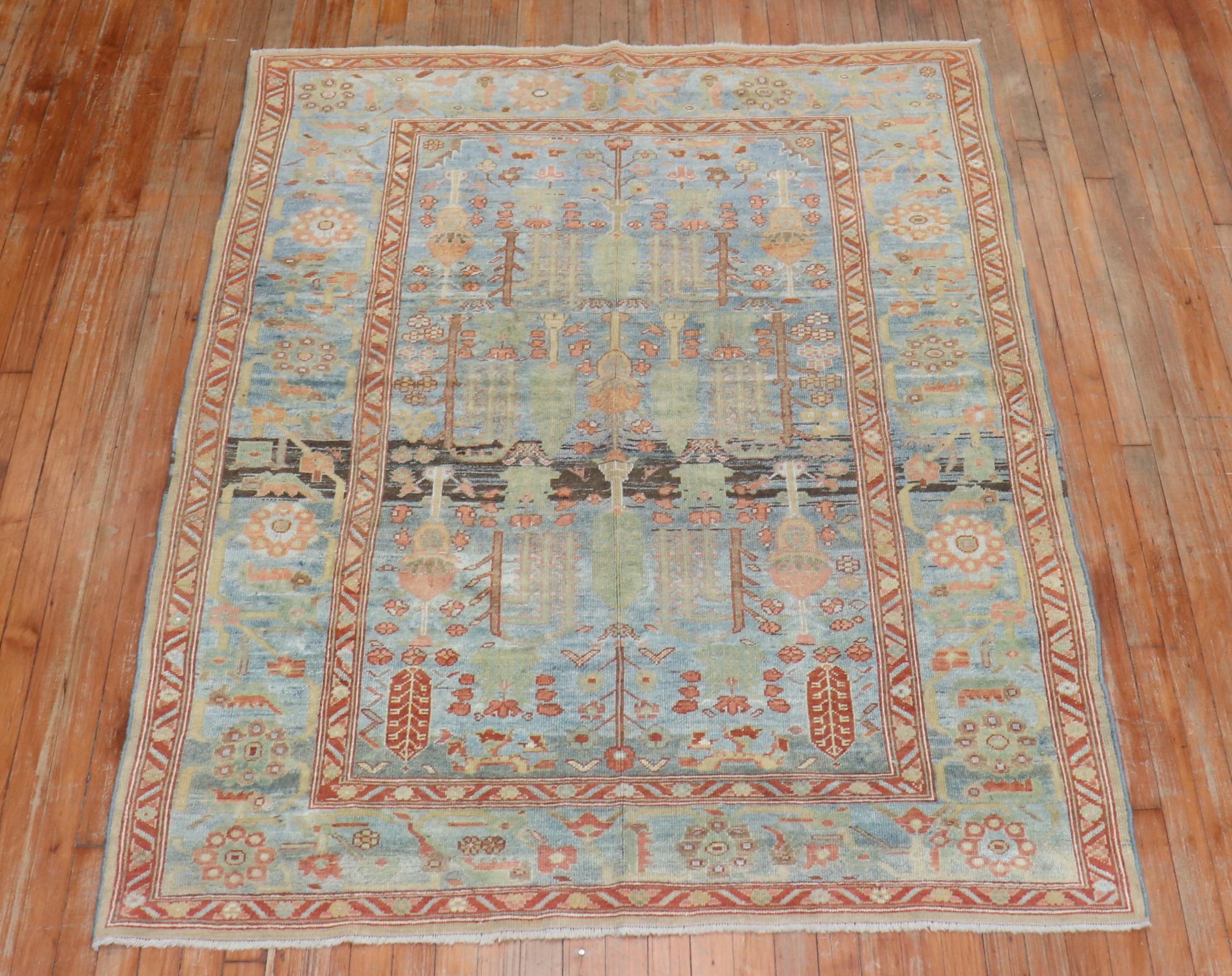 Sky Blue Antique Malayer Weeping Willow Tree 20th Century Rug 3