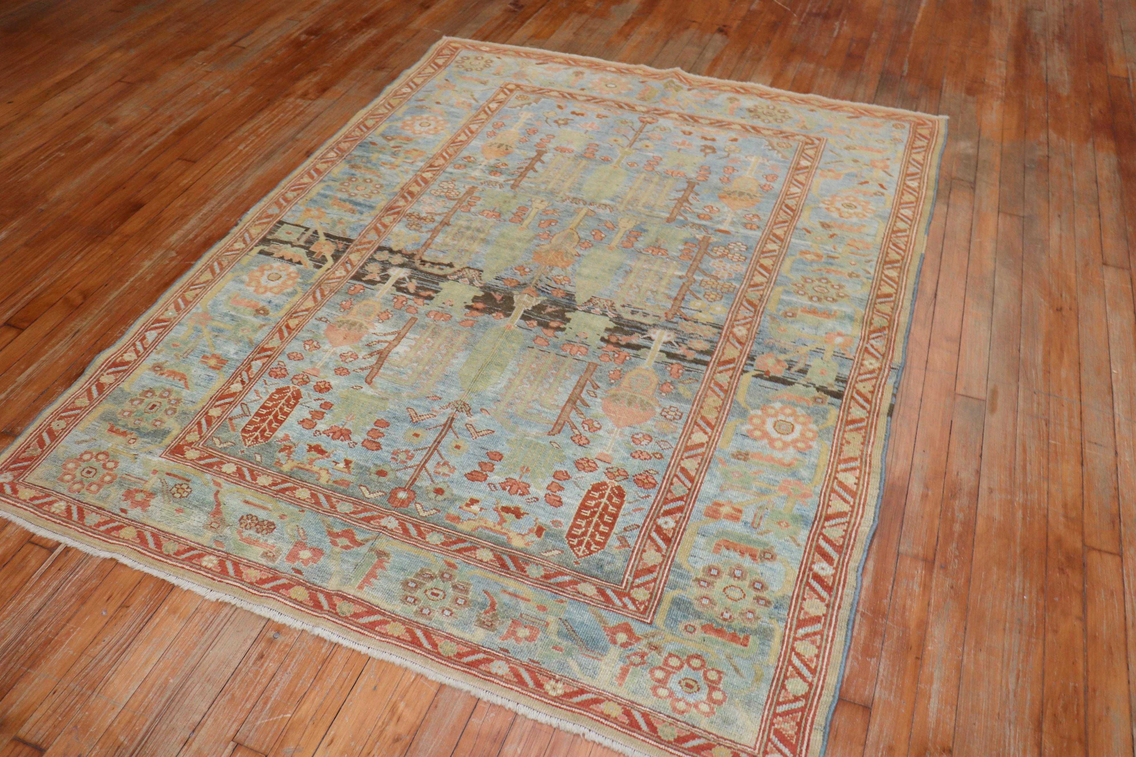 Sky Blue Antique Malayer Weeping Willow Tree 20th Century Rug 4