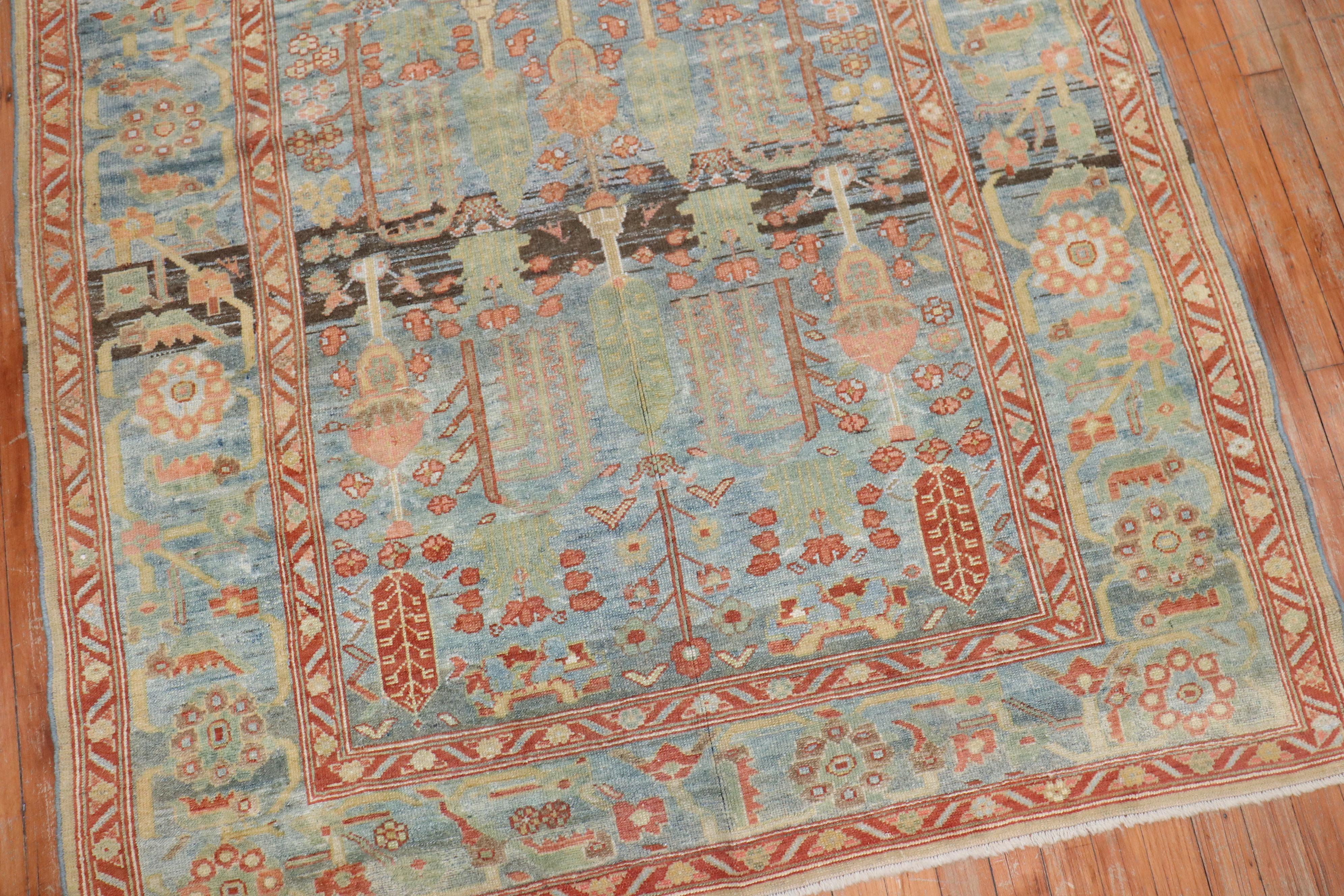 Hand-Woven Sky Blue Antique Malayer Weeping Willow Tree 20th Century Rug