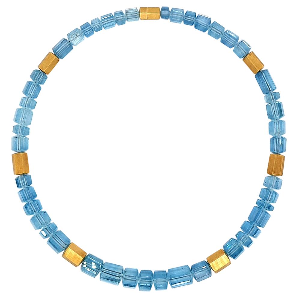 Sky Blue Aquamarine Crystal Beaded Necklace with 18 Carat Mat Yellow
