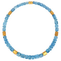 Sky Blue Aquamarine Crystal Beaded Necklace with 18 Carat Mat Yellow Gold