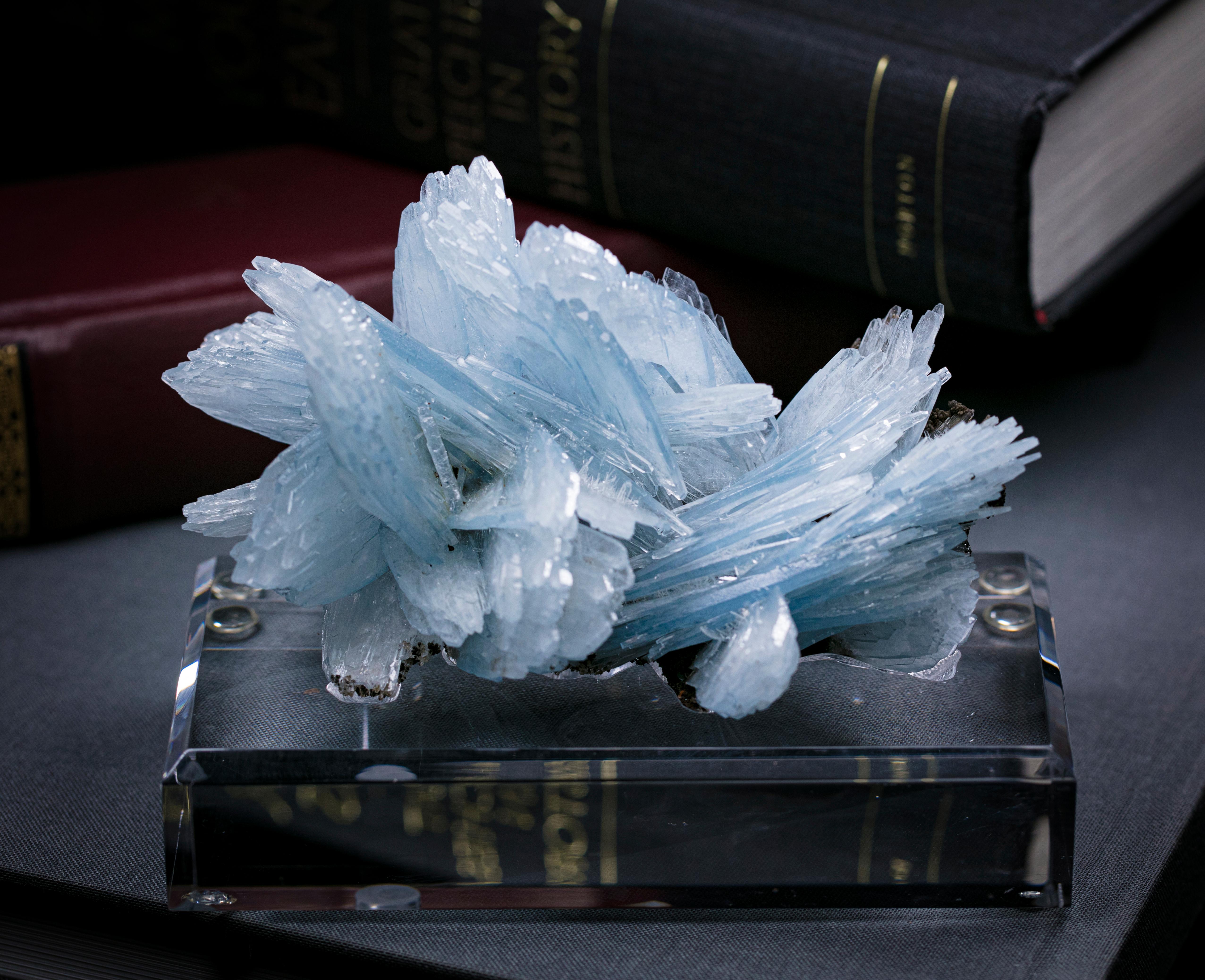 Barite is made up of barium sulfate (BaSO4) and is the primary ore of barium. Although found in multiple places on Earth, its colors and forms vary significantly from deposit to deposit. This lovely, sky-blue example comes from a one-time-find from