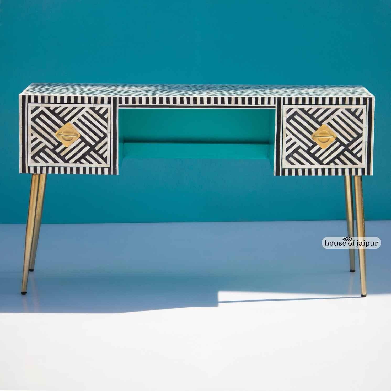 Sky Blue Bone Inlay Work Desk – Geometric Stripe Pattern by House of jaipur For Sale 3