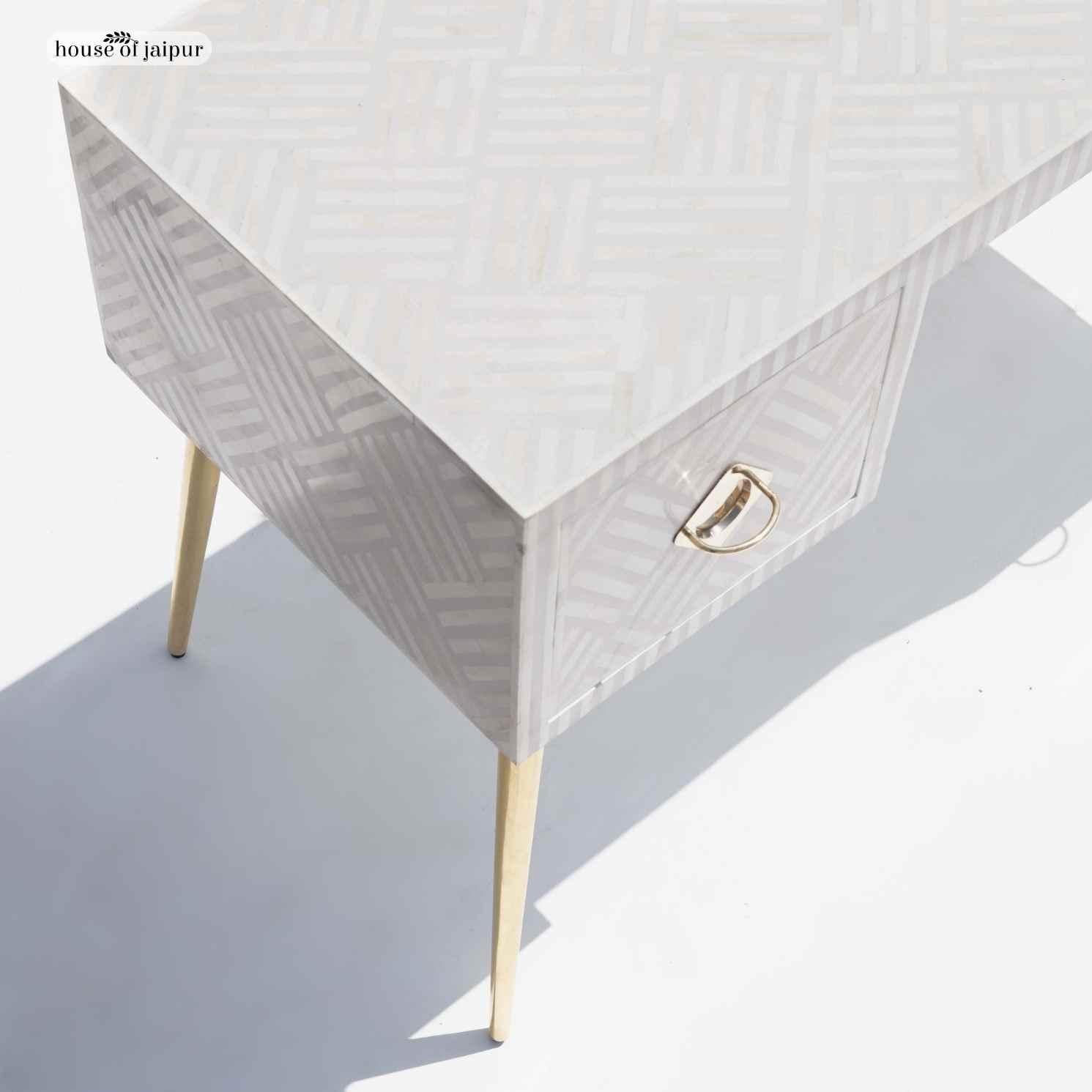 Sky Blue Bone Inlay Work Desk – Geometric Stripe Pattern by House of jaipur For Sale 5