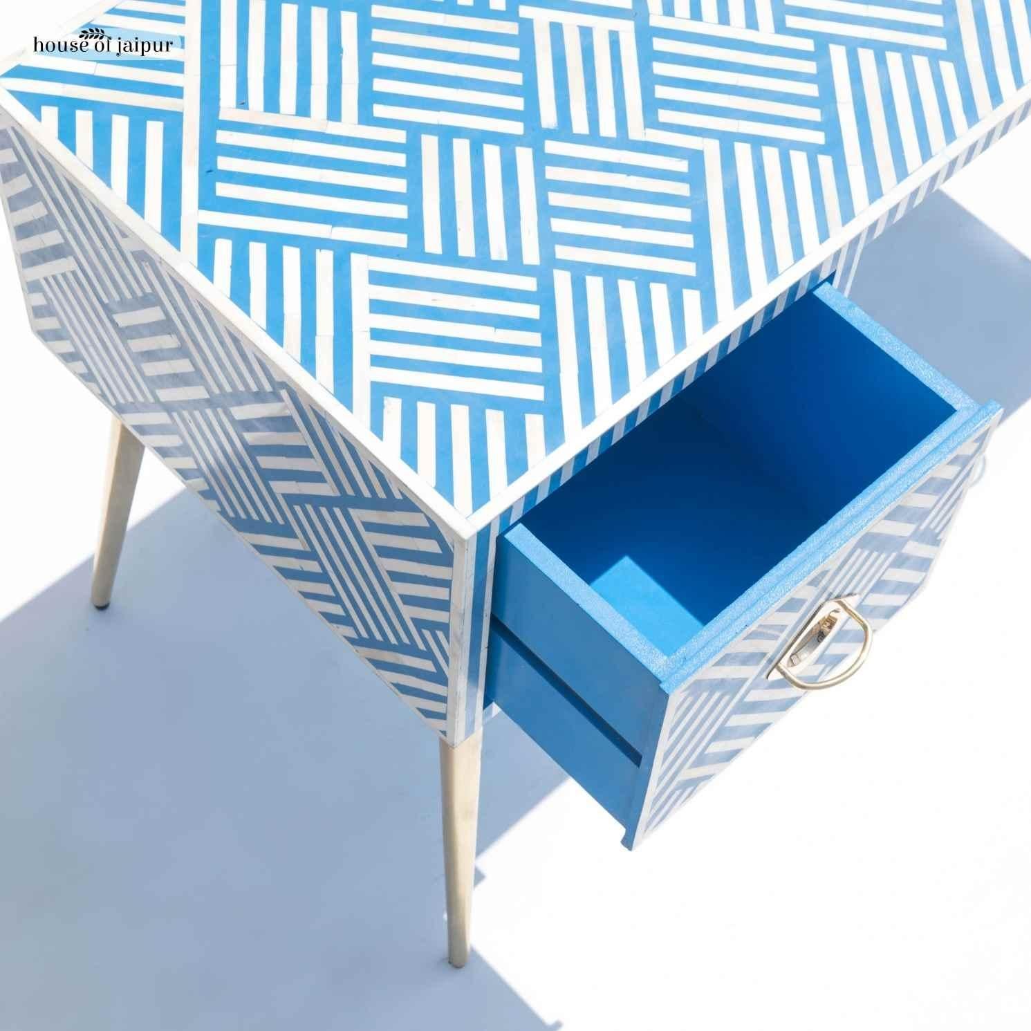 Indian Sky Blue Bone Inlay Work Desk – Geometric Stripe Pattern by House of jaipur For Sale