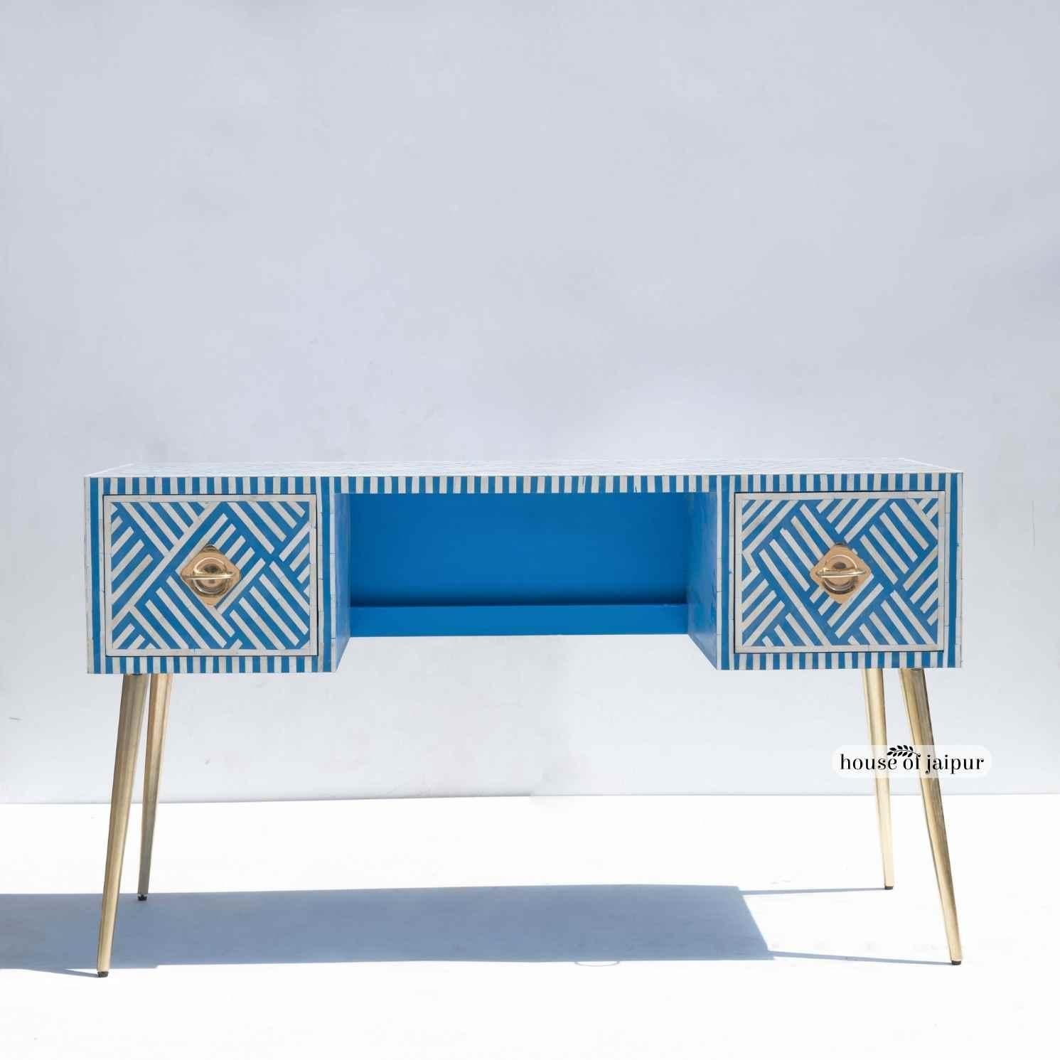 Sky Blue Bone Inlay Work Desk – Geometric Stripe Pattern by House of jaipur In New Condition For Sale In New York, NY