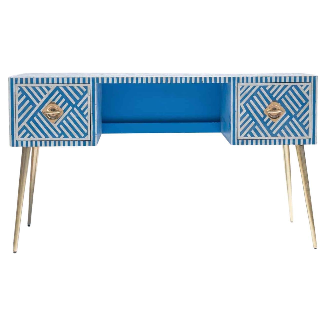 Sky Blue Bone Inlay Work Desk – Geometric Stripe Pattern by House of jaipur