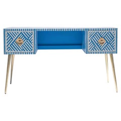 Sky Blue Bone Inlay Work Desk – Geometric Stripe Pattern by House of jaipur