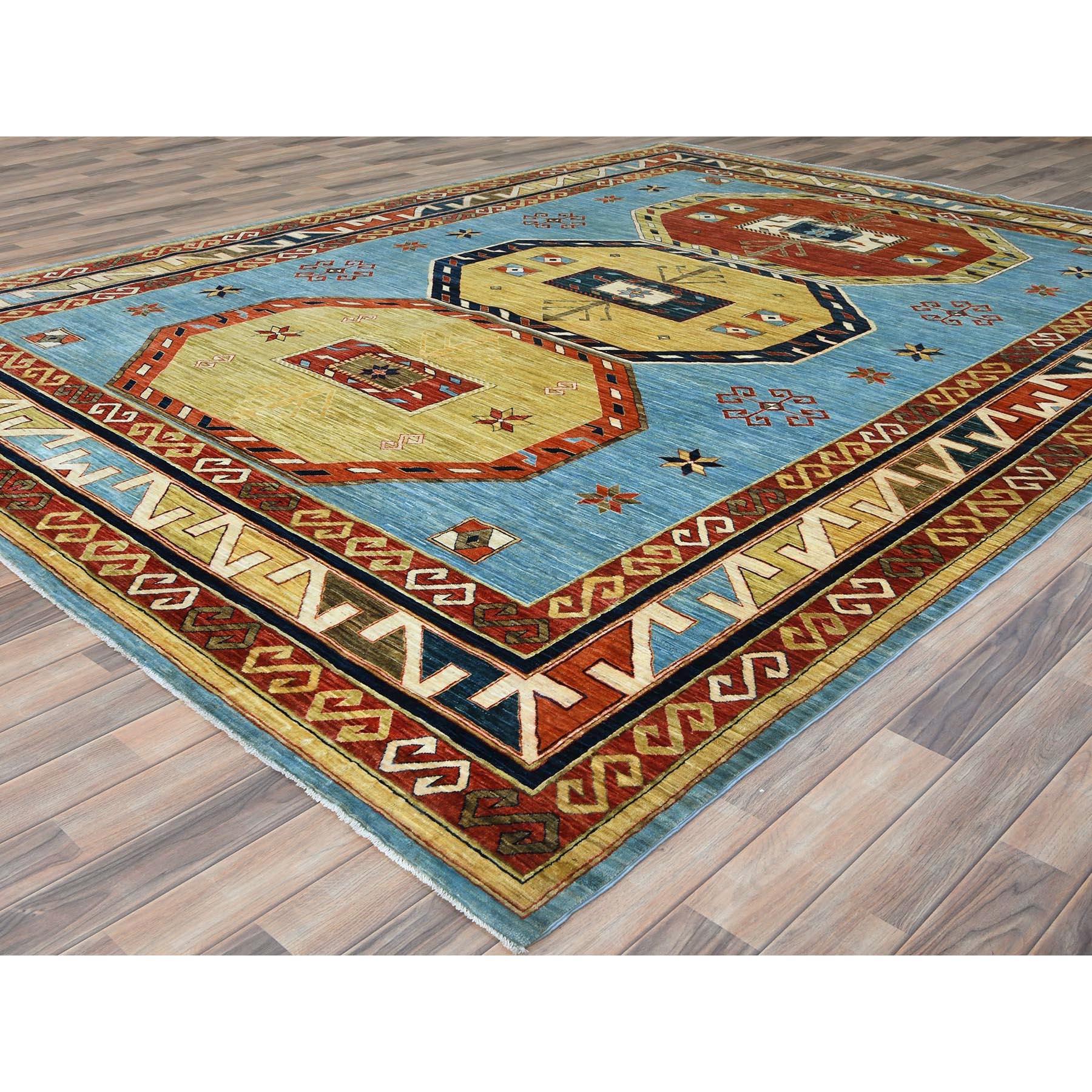 Médiéval Tapis oriental noué à la main bleu ciel du Caucase 200 KPSI 9'0