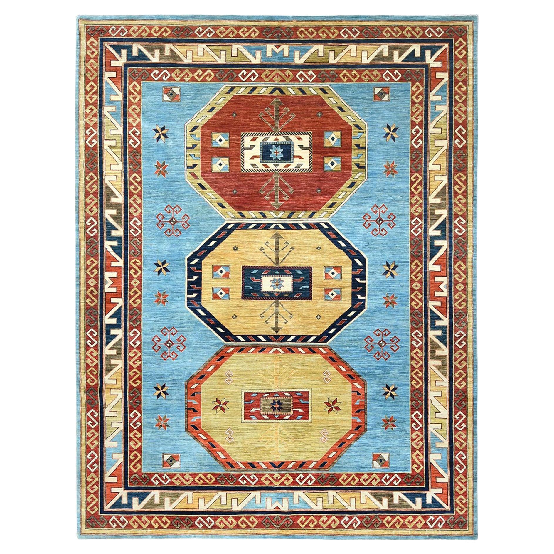 Sky Blue Caucasian Design 200 KPSI Wool Hand Knotted Oriental Rug 9'0" x 11'10"